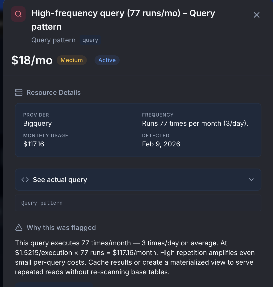 DataX high-frequency query detail showing run count, cost, and explanation